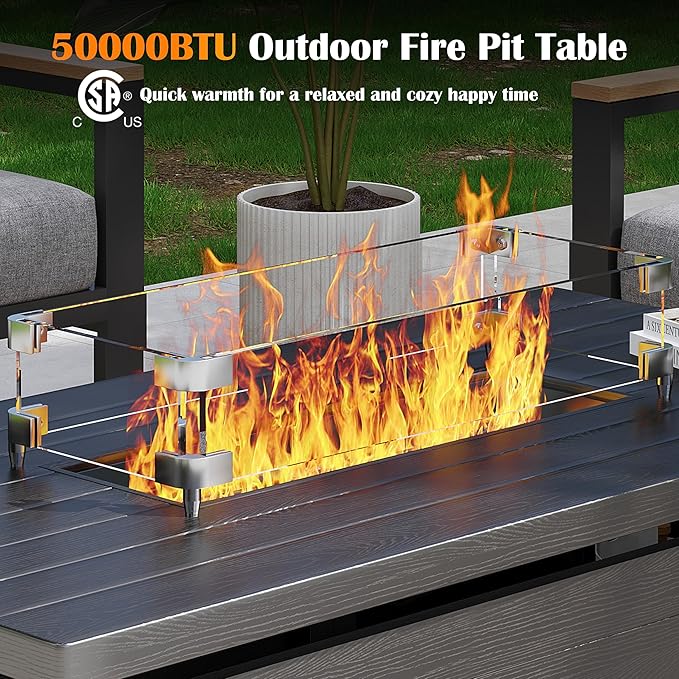 Metal Patio Furniture Set with 51inch Grey Fire Pit Table, 6-Piece Modern Outdoor Conversation Set with 6-Inch Thick Cushions, Outdoor Furniture Set for Garden, Backyard, Balcony, Poolside (Warm Grey)