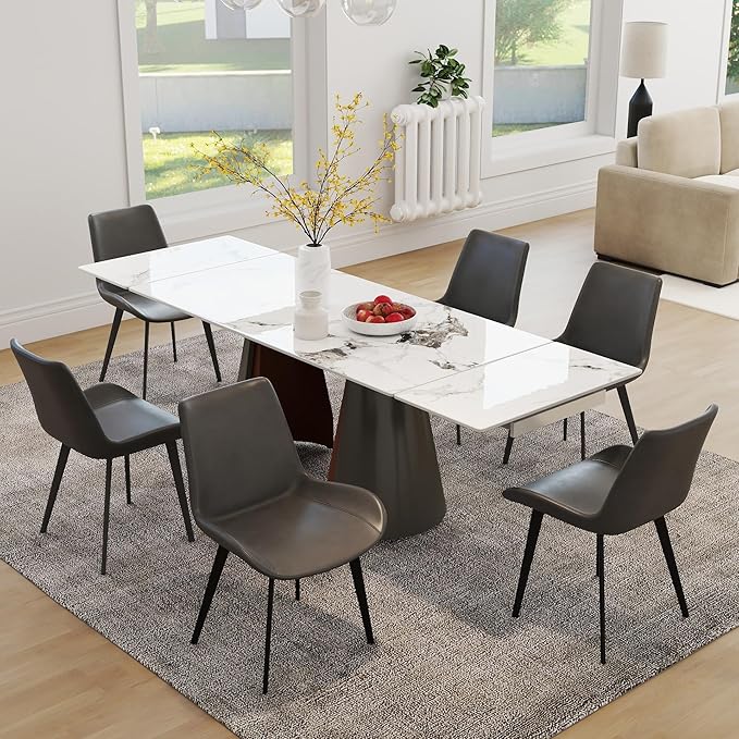Modern Dining Chairs Set of 6, Upholstered Faux Leather Cushion Seat and Sturdy Metal Legs for Restaurant, Living Room, Brown