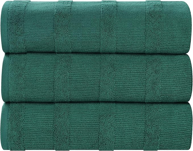 Superior Roma Cotton Bath Towels, Set of 3, Highly Absorbent, Ribbed Design, Quick-Dry, Shower, Hotel, Resort, Spa Basics, Bathroom Essentials, Solid, Includes; 3 Bath Towels, Evergreen