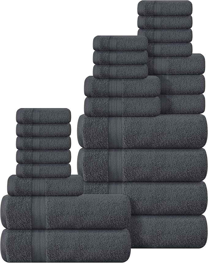 BOUTIQUO 24 Pack Cotton Towel Set, Contains 6 Bath Towels 27x54 inch, 6 Hand Towels 16x24 inch & 12 Wash Coths 12x12 inch, Ideal Everyday use, Ultra Soft Compact & Lightweight - Charcoal Grey