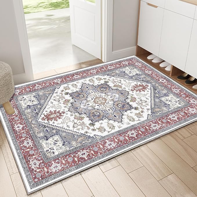 OPPODREAM Thin Throw Rugs 2x3, Small Washable Entryway Rugs 2 x 3 with Non Slip Backing, Low-Pile Faux Cashmere 2 x 3 Carpet, Red & Grey