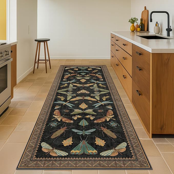 3x8 Green and Black Wide Hallway Runner Rugs - 8ft Washable Kitchen Floor Mats Non Slip, Floral & Insect Pattern Rug for Entryway, Vintage Stain Resistant Indoor Décor