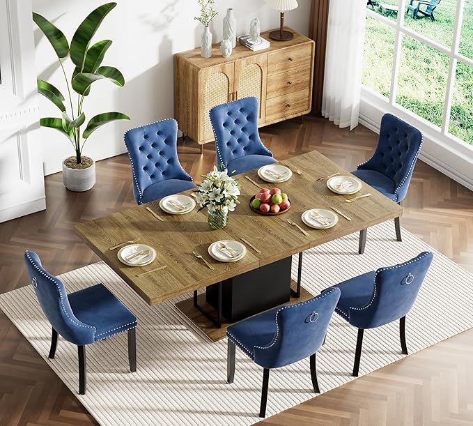 Goujxcy 78.7" Farmhouse Extendable Dining Room Table Set for 6, 7-Piece Rectangle Kitchen Dining Room Table Set with Wood Base and 6 Blue Velvet Dining Chairs, Extending Kitchen & Dining Table Set