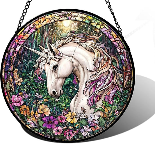 Stained Glass Window Hanging, Unicorn Flowers Suncatcher for Doors Home Sun Catchers Decoration and Christmas, Mother's Day Birthday Gifts for Women, Men, and Mom 6.3 in