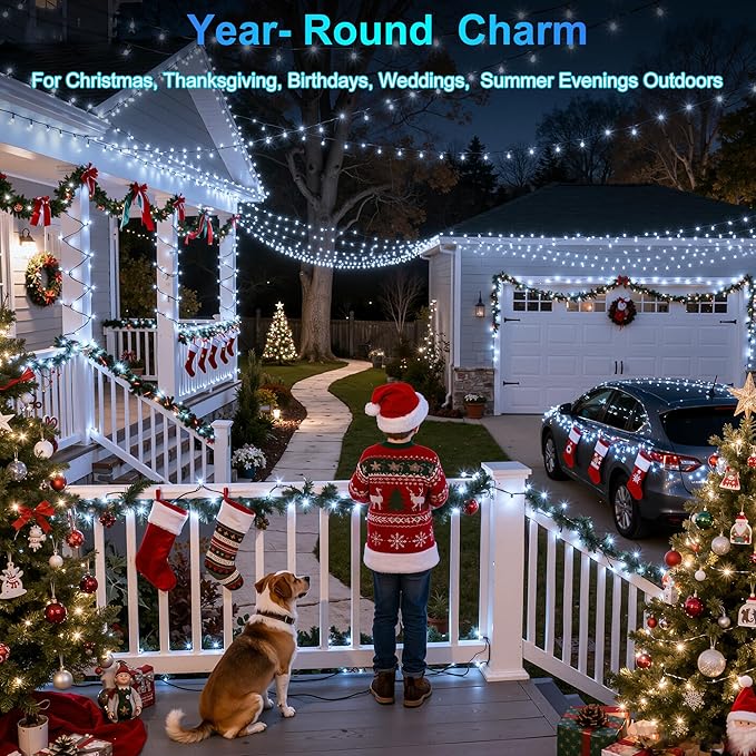 350LED Christmas Lights Indoor Outdoor, 90ft 12 Modes Cool White LED String Lights with Timer Dimmable, Waterproof Tree Lights for Xmas Patio Yard Fence Bedroom Wedding Garden Decor Cool White