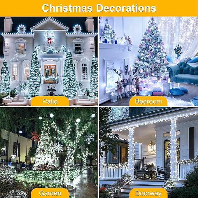 196FT 600LED Christmas Lights Plug in,Waterproof Fairy Lights with Plug 8 Modes,Lights Lighting Outside Indoor Garden Party Wedding Christmas Tree Decoration(Cool White)