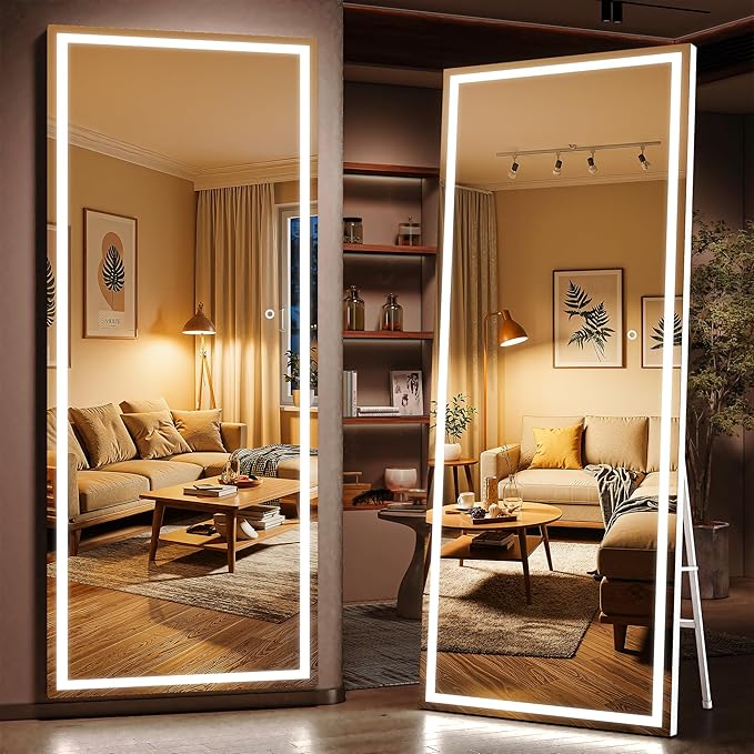 Full Length Mirror with Lights, 81" x 34" Large LED Lighted Floor Standing Body Mirror, Dimmable & 3 Color Lighting for Bedroom, Cloakroom, Dressing Room, Leaning & Hanging, Square Black