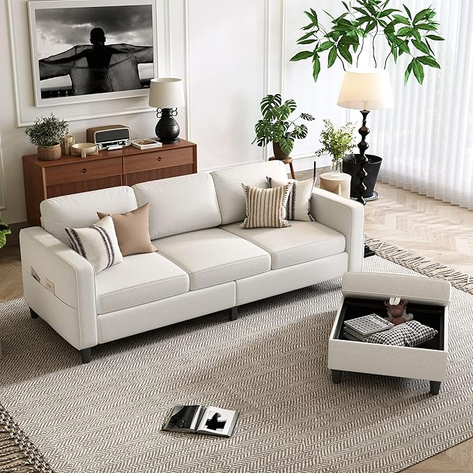 Small Sectional Couch, L Shaped Sectional White Couch in a Box, Small Couches with Ottoman, 3 Seater Sofa for Living Room, Apartment, Dorm, Office
