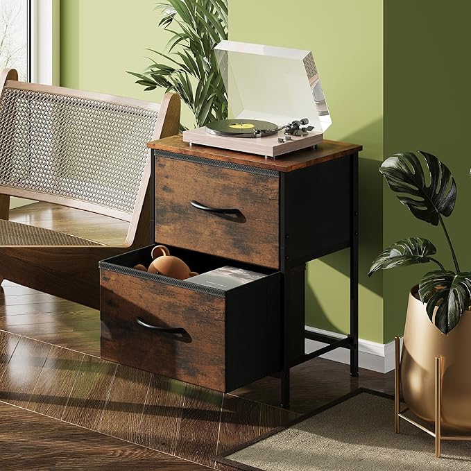 WLIVE Night Stand Set of 2, Small Dresser with 2 Drawers & Wooden Top, Nightstand with Fabric Bins, Bedside Table End Table for Bedroom, Closet, Entryway, College Dorm, Rustic Brown