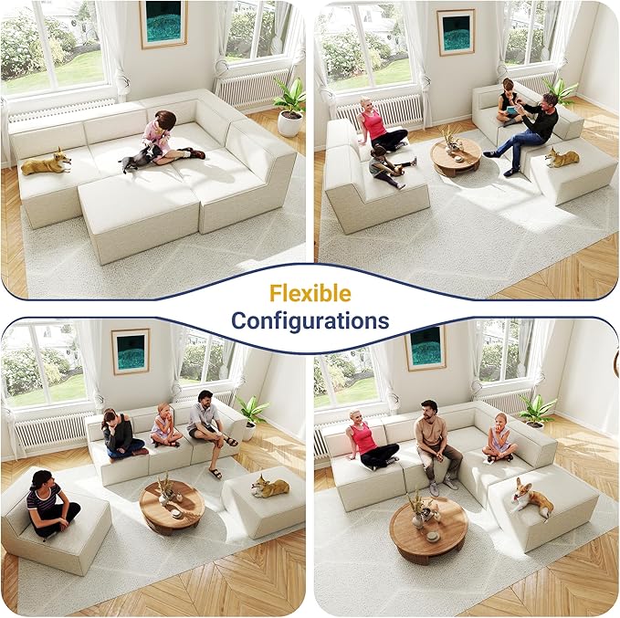 38“ Modular Sectional Sofa Convertible Cube Couch Seat Set, Combine L-Shaped U-Shaped, Free Assembly, Space-Saving for Living Room, Thick Foam Fabric Chenille Beige White (Only Corner)