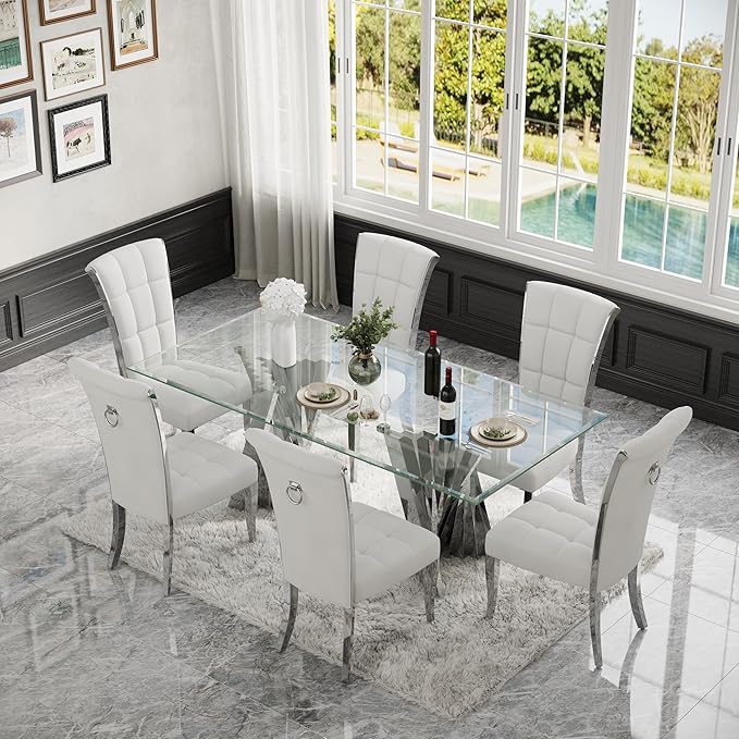 78" Silver Dining Table for 6-8, Modern Kitchen and Dining Table with Tempered Glass Top and Silver Mirrored Stainless Steel Base, Luxury Rectangular Dinner Room Table for Kitchen, Dining Room