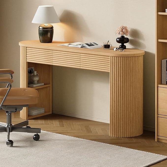 Merax Modern Retro Entryway Table, Rounded Console Table with3 Drawers and Open Hidden Storage for Living Room, Hallway and Office, Nature