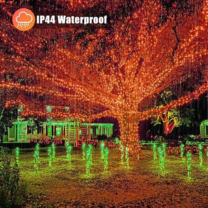 Vivideal 100ft 300 LED Orange Christmas Lights Outdoor Waterproof String Lights Indoor 8 Modes Clear Wire, Plug in Orange Christmas Light for Xmars Tree Bedroom Thanksgiving Decorations