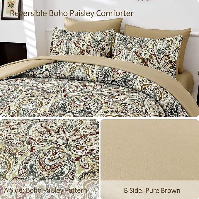 Boho Comforter Set Queen, 7 Pieces Bed in a Bag Comforter Boho Paisley Pattern Bedding Soft Microfiber Queen Size (1 Khaki Comforter, 1 Flat Sheet, 1 Fitted Sheet, 2 Pillow shams, 2 Pillowcases)