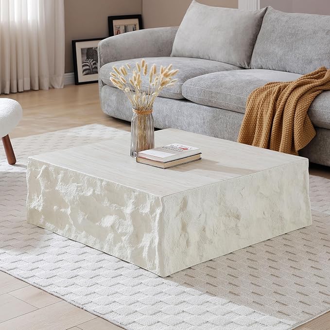 Square Coffee Table, 35.43" Imitation Stone Coffee Table Fiberglass Side Accent End Unique Center Table for Living Room Bedroom Apartment Office, Beige