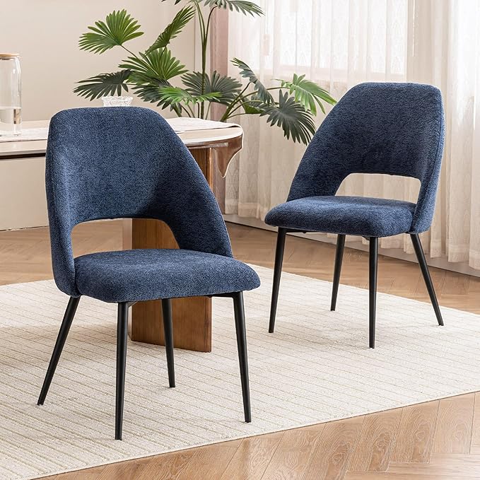 Rowill Boucle Dining Chairs Set of 6, Morden Upholstered Dining Room Kitchen Chairs with Metal Legs for Living Room, Bedroom, Restaurant, Blue
