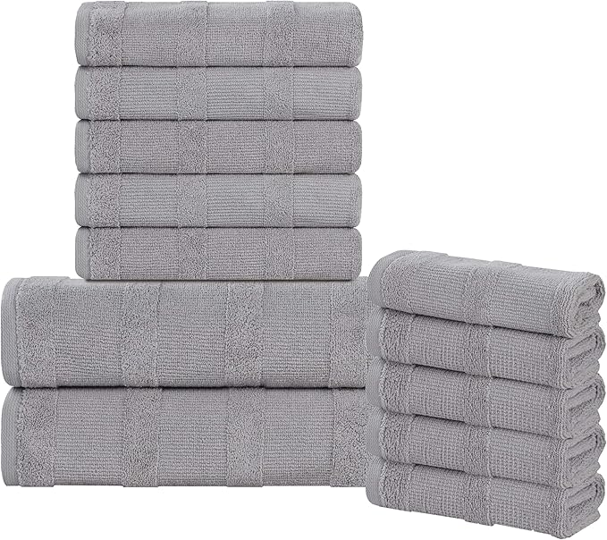 Superior Roma Cotton 12 Piece Assorted Towel Set, Highly Absorbent, Ribbed, Quick-Dry, Shower, Spa Basics, Home Essentials, Solid, Includes; 2 Bath Towels, 5 Hand Towels, 5 Face Towels, Silver