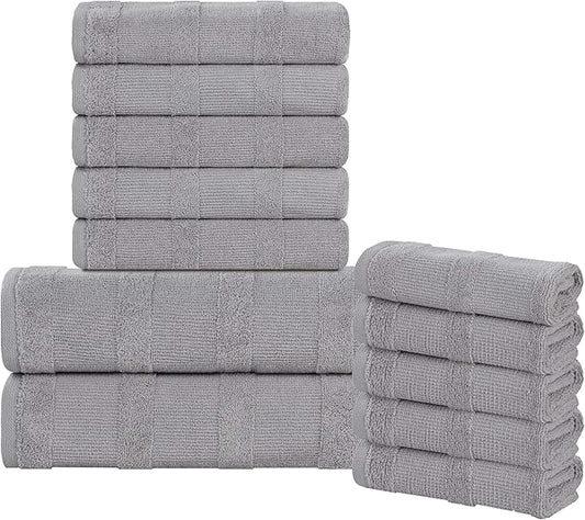 Superior Roma Cotton 12 Piece Assorted Towel Set, Highly Absorbent, Ribbed, Quick-Dry, Shower, Spa Basics, Home Essentials, Solid, Includes; 2 Bath Towels, 5 Hand Towels, 5 Face Towels, Silver