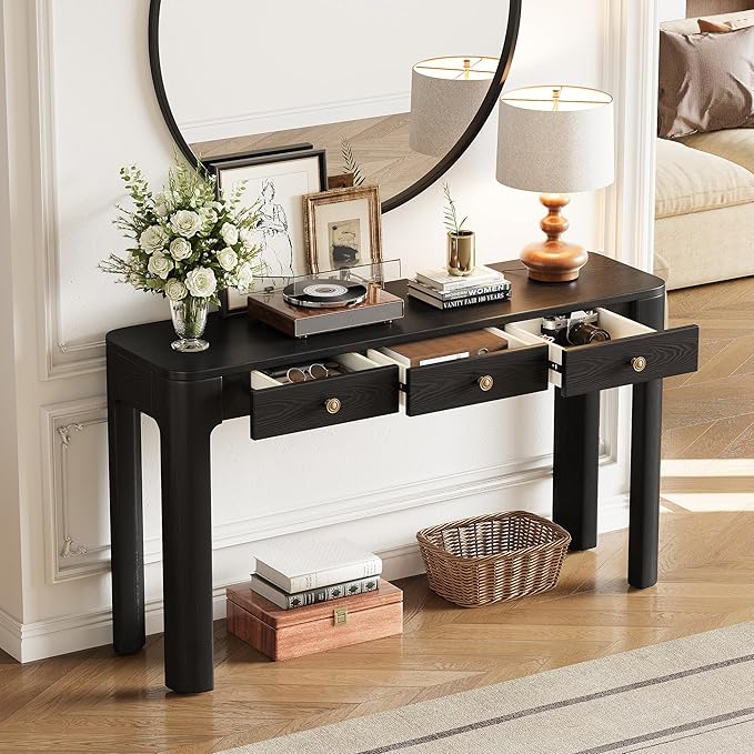 Merax 52" Console Table with 3 Drawers, Rustic Entryway Table with Curved Corners, Narrow Long Sofa Table for Living Room, Hallway, Entrance, Behind Couch, Foyer, Sturdy Thick Legs, Black