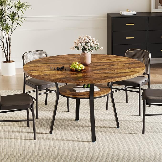 Garvee 47'' Round Dining Table for 4-6 People, Farmhouse Kitchen Dining Table, Round Dinner Table with Storage Shelf for Kitchen, Living Room (Table Only), Rustic Brown