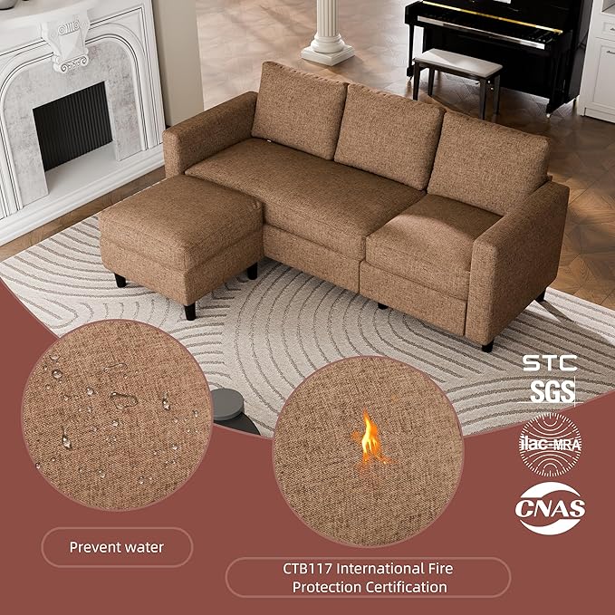 JAMFLY Sectional Sofa Couch Convertible L Shaped Sofas with Ottoman Small Sectional Couches for Living Room, 3 Seater Couch for Small Spaces, Brown