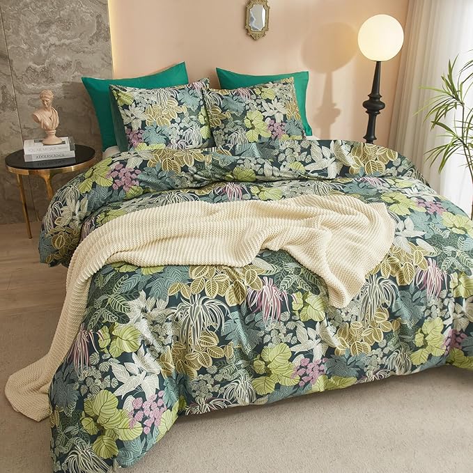 EAVD Green Leaves Botanical Comforter Set Soft Fluffy Microfiber Tropical Leaf Bedding Set with 2 Pillowcases Reversible Plant Leaves Comforter Set for All-Season