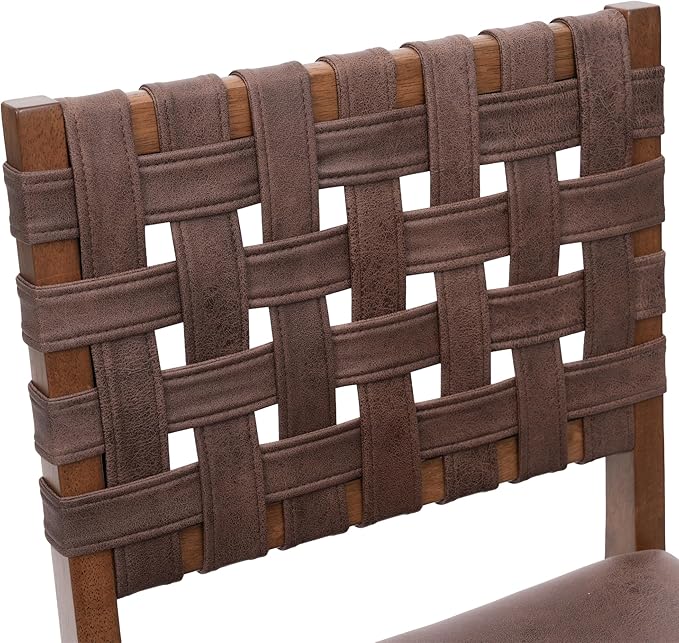Woven Faux Leather Dining Chairs Set of 4, Farmhouse Upholstered Kitchen Chairs with Wooden Legs Armless Accent Side Chairs for Dining Room/Restaurant, Brown