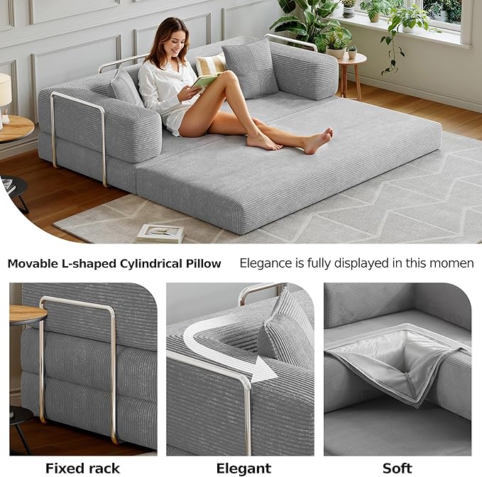 98.4''Convertible Sleeper Sofa Bed,Compressed Floor Boneless Couch,Modular Modern Corduroy Sofa for Living Room Bedroom -with Fixed-Shape Frame and Support Armrest,Easy Assembly(Grey)