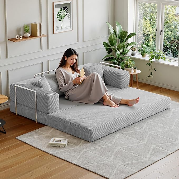 Compressed Sleeper sofa bed,Convertible Floor Boneless Couch-With Comfy Pillow,Modular Modern Corduroy Sofa for living room Bedroom Lounge Studio-With Fixed-shape Frame and support Armrest(Grey)