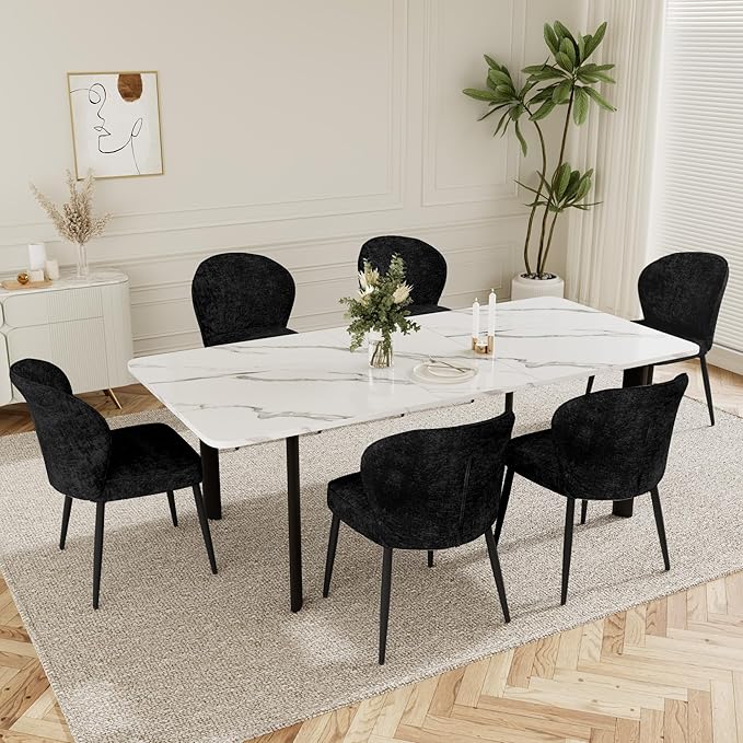Dining Chairs Set of 2, Modern Fabric Dining Room Chairs with Curved Backrest Well-Padded Seat, Upholstered Kitchen Chairs for Living Dining Room, Black