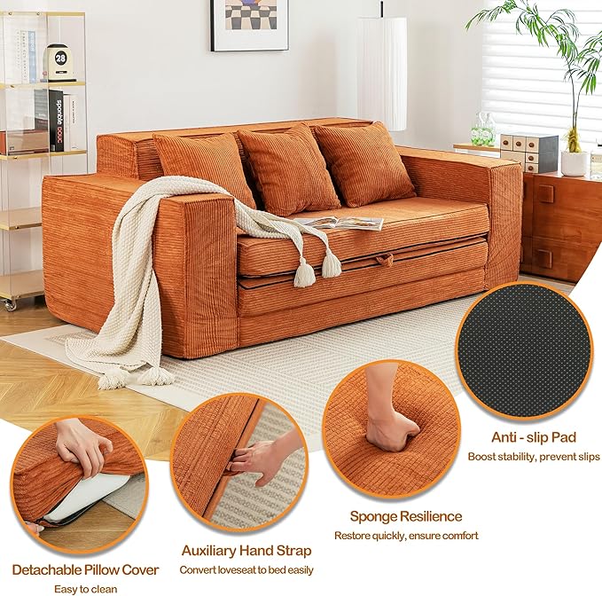 HOMREST 76" Convertible Memory Foam 3-seat Sofa, Pull Out Sleeper Sofa Bed, 2 in 1 Folding Couch Bed, Fold Out Floor Couch Corduroy Fabric with 3 Pillows for Living Room Bedroom Lounge (Brown)