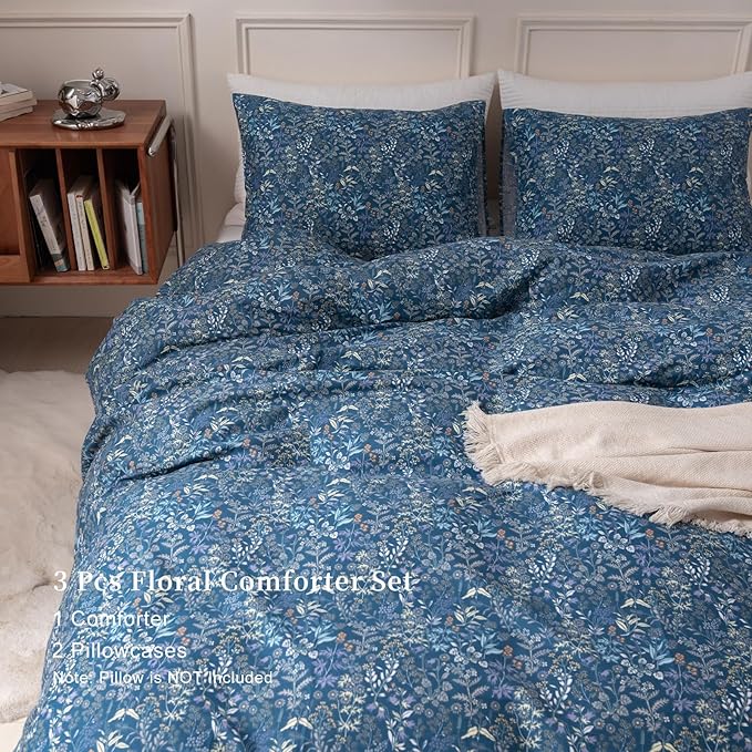 EAVD Garden Botanical Floral Comforter Set Twin XL Soft Microfiber Blue Chic Shabby Floral Bedding Set 1 Twin XL Comforter with 2 Pillowcases Reversible Vintage Botanical Comforter Set for All-Season