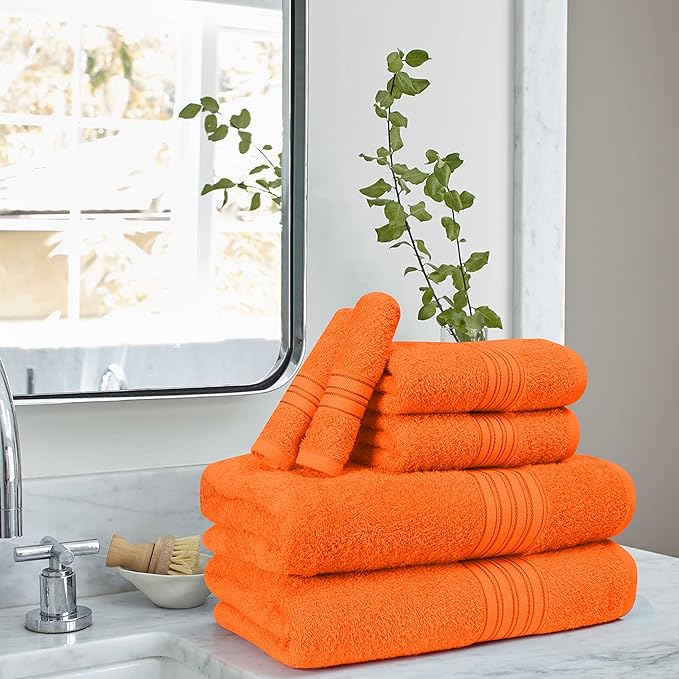 BOUTIQUO 6 Pack Cotton Towel Set, Contains 2 Bath Towels 28x55 inch, 2 Hand Towels 16x24 inch & 2 Wash Coths 12x12 inch, Ideal Everyday use, Ultra Soft Compact & Lightweight - Orange