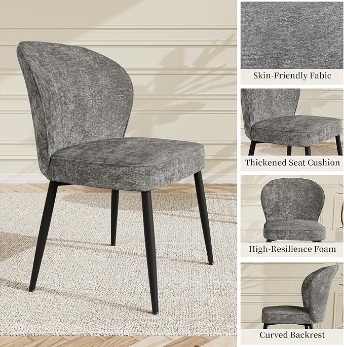 Dining Chairs Set of 4, Modern Fabric Dining Room Chairs with Curved Backrest Well-Padded Seat, Upholstered Kitchen Chairs for Living Dining Room, Grey
