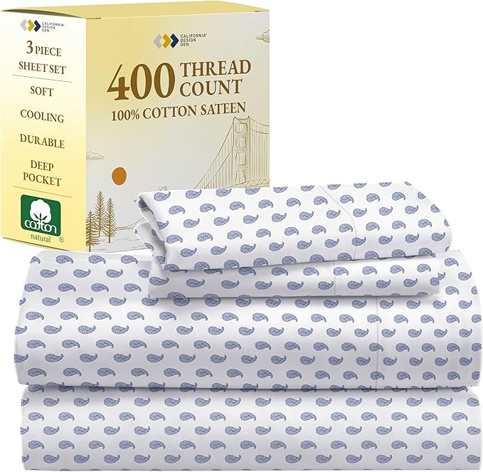 California Design Den Deep Pocket Twin Sheets Set - 400 Thread Count Sateen, Natural 100% Cotton Sheets, Cooling and Durable Bedding Set - Paisley Blue