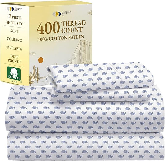 California Design Den Deep Pocket Twin Sheets Set - 400 Thread Count Sateen, Natural 100% Cotton Sheets, Cooling and Durable Bedding Set - Paisley Blue