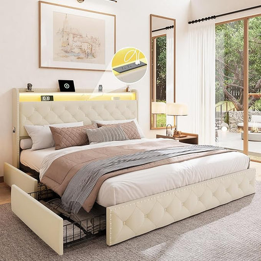 BRELTAM King Size Bed Frame with LED and Charging Station Upholstered Velvet Bed Frame with 4 Storage Drawers, Platform Bed Frame and Headboard Heavy Duty Wood Slats, Noise Free, Easy Assembly, Beige