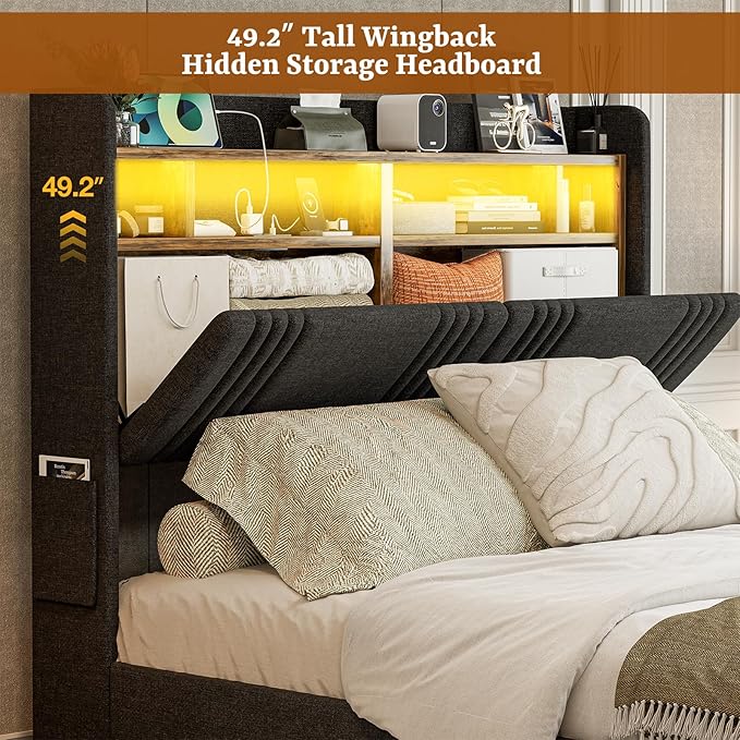 IKIFLY Queen Bed Frame with Hidden Storage Headboard & 4 Drawers, 49.2” Tall Upholstered Wingback Headboard with LED Lights and Charging Station, No Box Spring Needed, Solid Wood Slats, Black