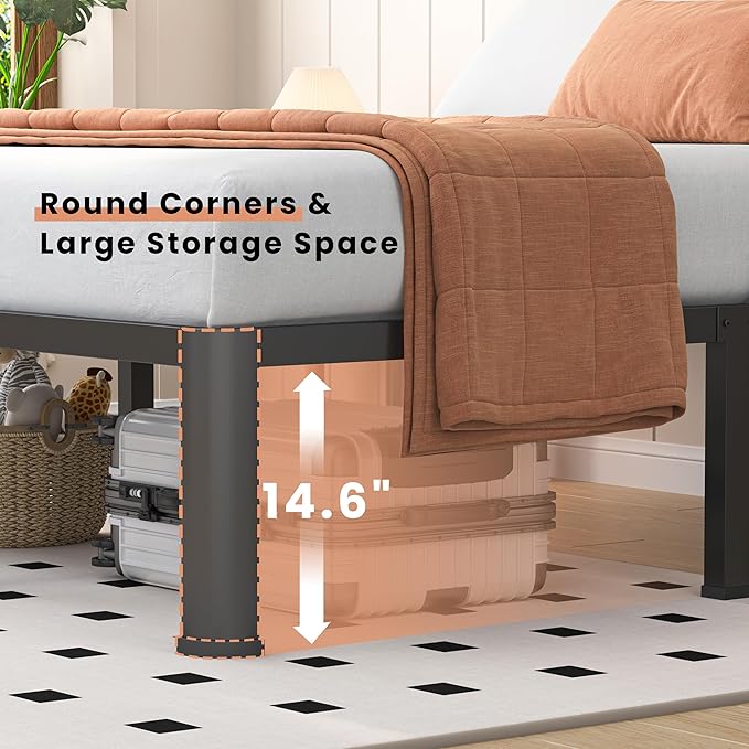 16 Inch Full Heavy Duty 3500 lbs Bed Frame with Round-Corner Legs & Anti-Squeak Design – Quick Assembly Metal Platform, No Box Spring Needed
