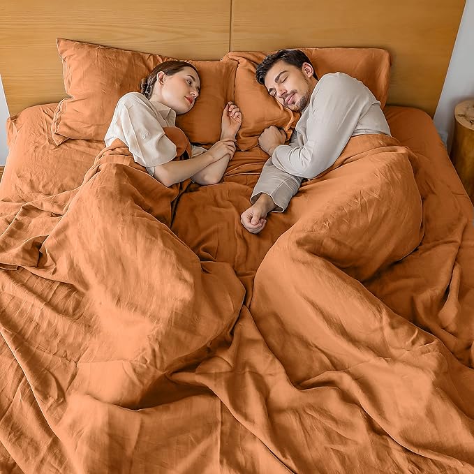 Simple&Opulence French Linen Duvet Cover Set 78" x 86"- 3 Pieces (1 Comforter Cover,2 Pillowcases)- Natural Flax Cotton Blend-Solid Color Breathable Farmhouse Bedding-Rust, Full