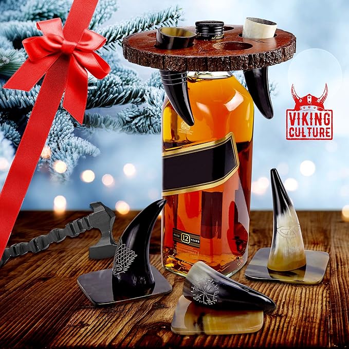 Viking Culture Viking Horn Drinking Cup Shot Glasses with Vintage Axe Bottle Opener, Coasters, and Rustic Wood Display Stand, Toasting Vessels for Party, Event, Bachelors