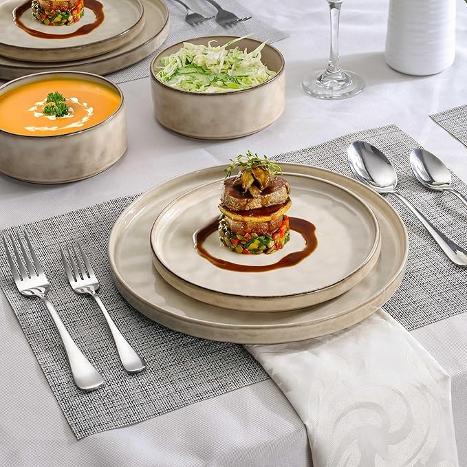 LIANYU 18 Piece Dinnerware Dish Set for 6, Stoneware Plates and Bowls, Ceramic Dinner Tableware Sets Includes Dinner Salad Plates, Cereal Bowls, Chip & Scratch Resistant, Sandy Beige