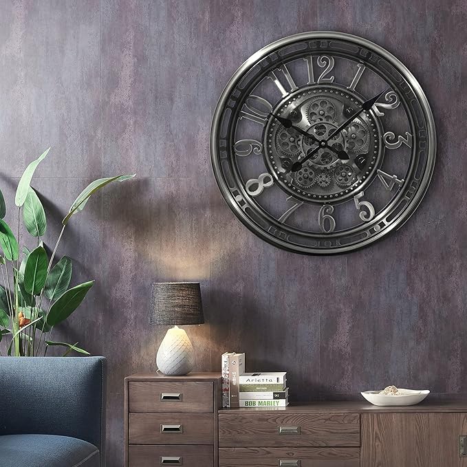 INFINITY TIME 21 Inch Moving Gear Wall Clock Modern, Large Vintage Industrial Steampunk Wall Clocks for Living Room Decor,Gunmetal Arabic Numeral