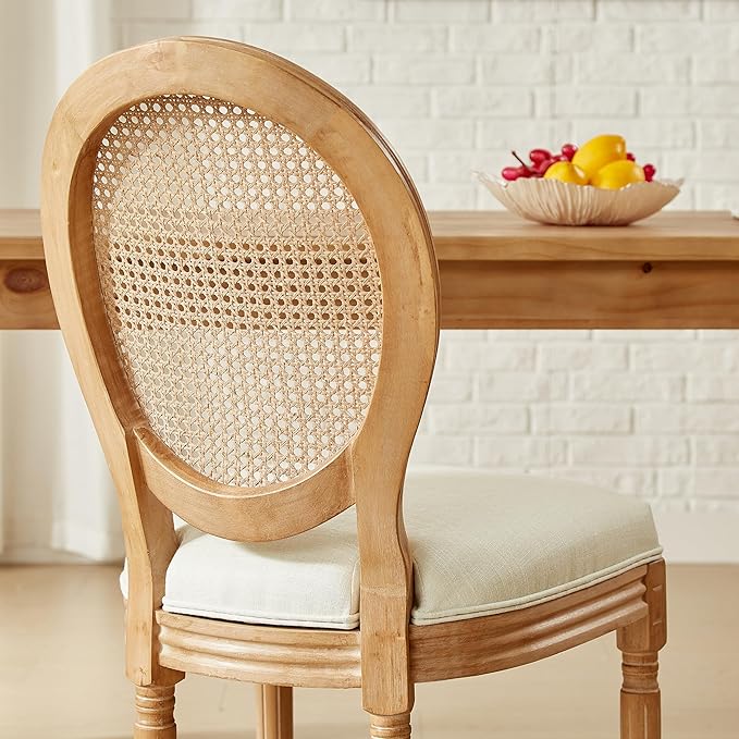 Nrizc French Country Dining Chairs Set of 4, Farmhouse Fabric Chairs with Round Back, Rattan Dining Chair, Oval Side Chairs for Dining Room/Living Room/Kitchen/Restaurant