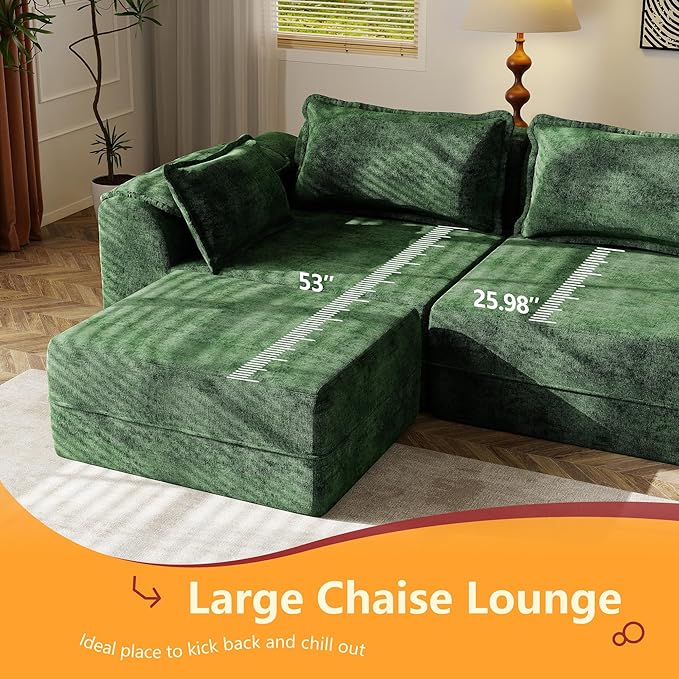 Hobestluk Cloud Single Sofa with Ottoman Memory Foam Couch with Deep Seat L Shaped Sofa with Removable Cover Large Couch for Living Room (Green, Single Sofa with One Ottoman)
