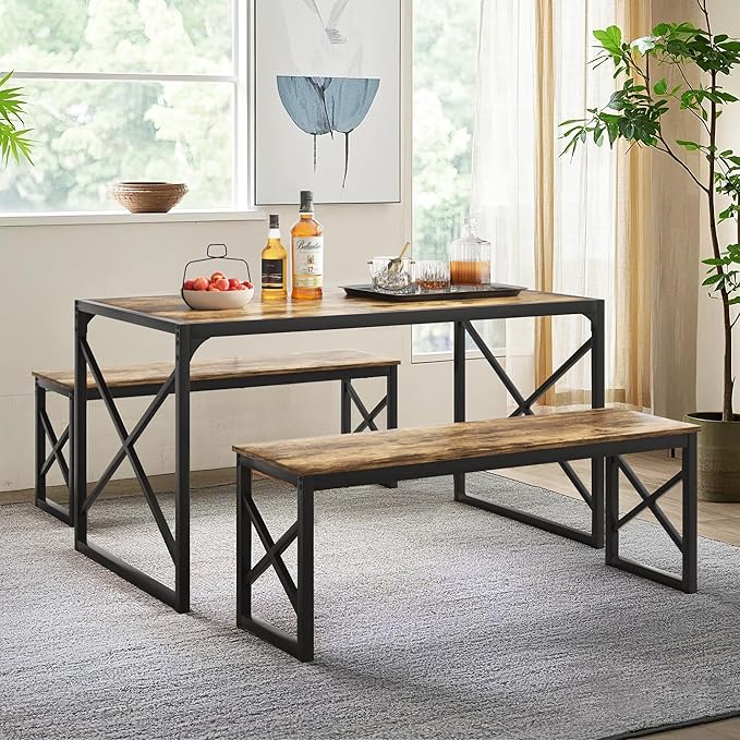 VECELO Kitchen Dining Table Benches Set for 4, 55" Wooden Dinette with 2 Benches, Heavy-Duty Dining Room Table for Small Space, Breakfast Nook, Brown