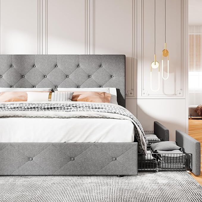 MUTICOR Queen Size Bed Frame with 4 Storage Drawers, Upholstered Platform Bed with Button Tufted Adjustable Headboard, No Box Spring Needed, Easy Assembly, Diamond Tufted, Light Grey Fabric
