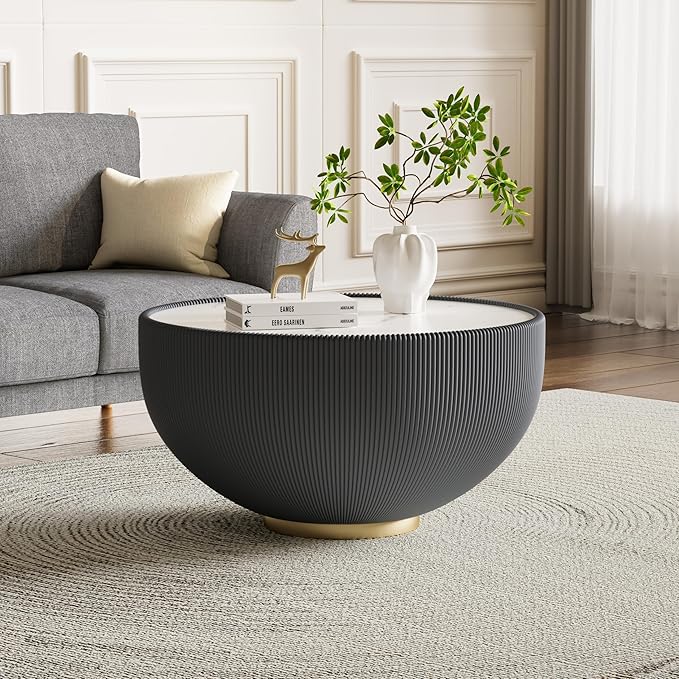Round Coffee Table Set with Sintered Stone Tabletop, 27.56" Grey Drum Center Table and 19.69" Orange Coffee Table Set, 2 Pieces Living Room Table Set with Fluted PU Leather Cover& Metal Base