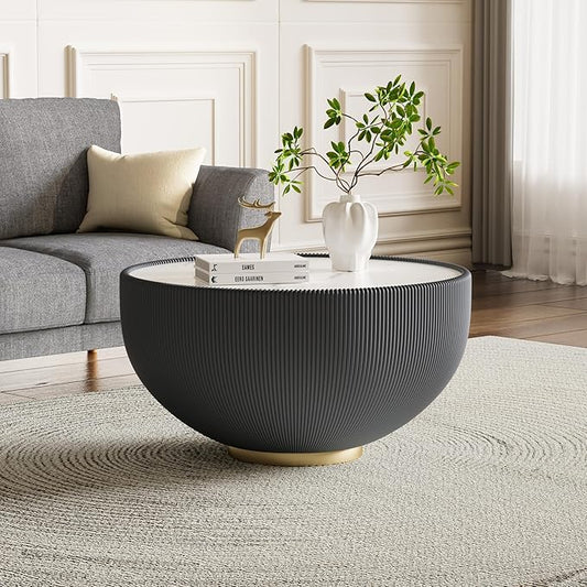 Grey Round Coffee Table with Sintered Stone Tabletop, 27.56" Drum Coffee Table with Fluted PU Leather Covered and Metal Base, Circle Cocktail Tea Table for Living Room