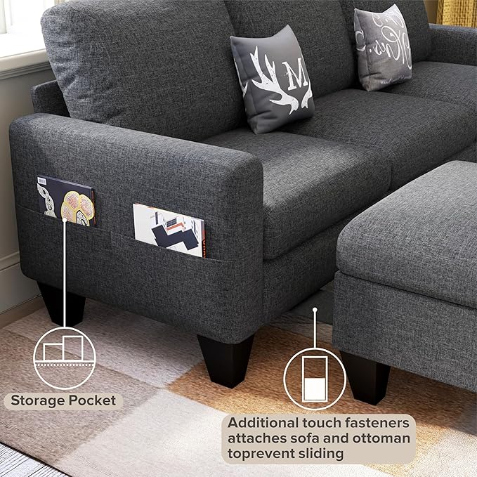 Sectional Sofa Couches for Living Room, 78'' Dark Grey 3 Seater L-Shaped Couch with Storage Ottoman, Comfy Fabric Convertible Sectionals Sofas with Chaise for Apartment, Office, Small Space